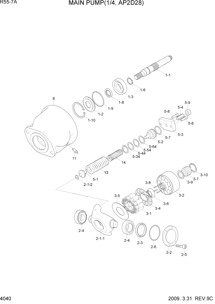 Схема запчастей Hyundai R55-7A - PAGE 4040 MAIN PUMP(1/4, AP2D28) ГИДРАВЛИЧЕСКИЕ КОМПОНЕНТЫ