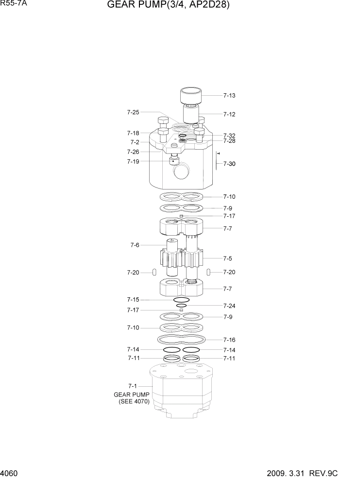 Схема запчастей Hyundai R55-7A - PAGE 4060 GEAR PUMP(3/4, AP2D28) ГИДРАВЛИЧЕСКИЕ КОМПОНЕНТЫ