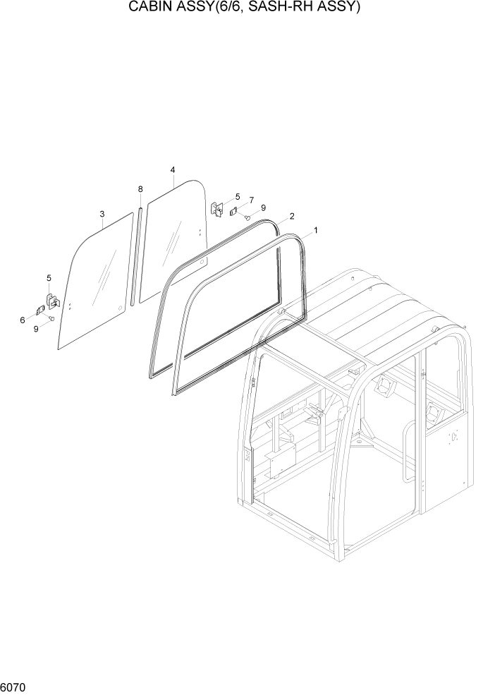 Схема запчастей Hyundai R55-7A - PAGE 6070 CABIN ASSY(6/6, SASH-RH ASSY) СТРУКТУРА