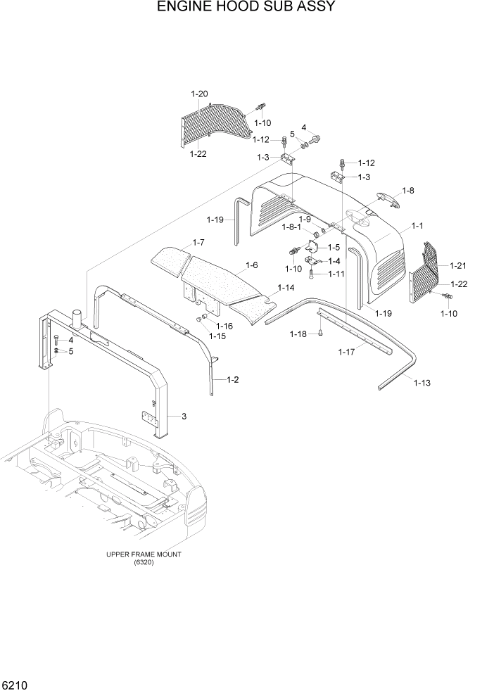 Схема запчастей Hyundai R55-7A - PAGE 6210 ENGINE HOOD SUB ASSY СТРУКТУРА