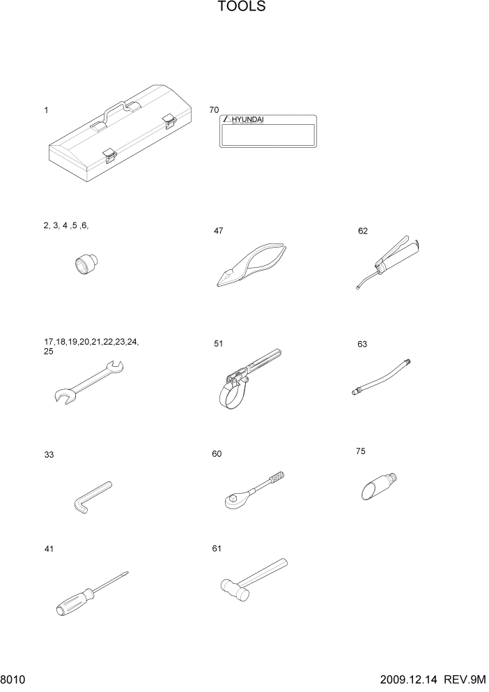 Схема запчастей Hyundai R55-7A - PAGE 8010 TOOLS ДРУГИЕ ЧАСТИ