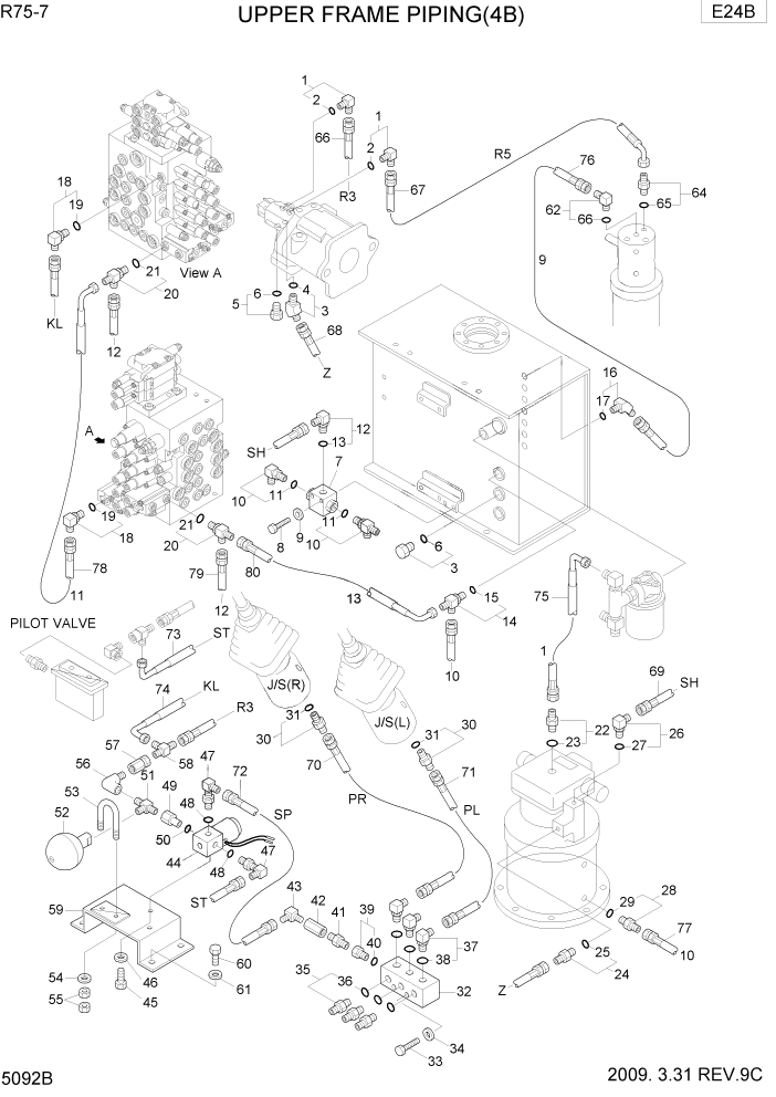 Схема запчастей Hyundai R75-7 - PAGE 5092B UPPER FRAME PIPING 4 ГИДРАВЛИЧЕСКИЕ ТРУБОПРОВОДЫ