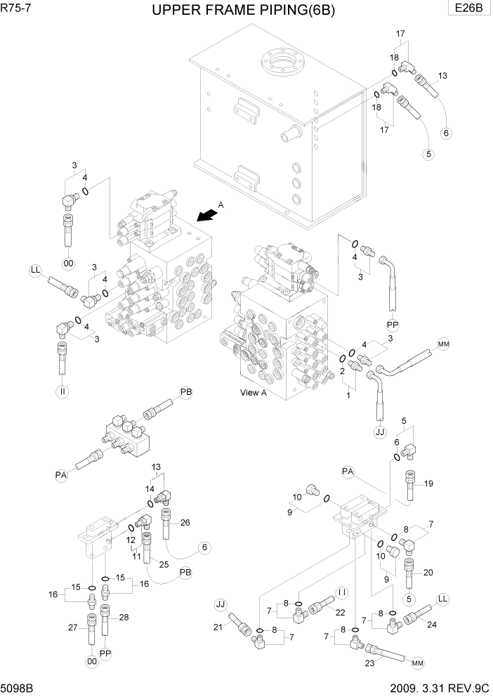 Схема запчастей Hyundai R75-7 - PAGE 5098B UPPER FRAME PIPING 6 ГИДРАВЛИЧЕСКИЕ ТРУБОПРОВОДЫ