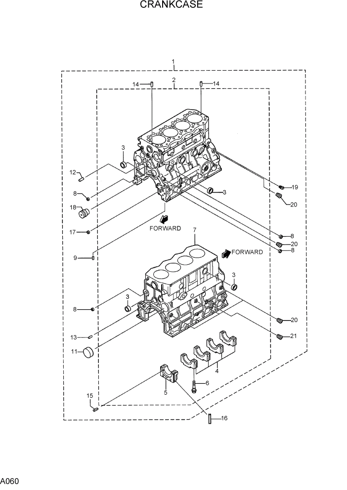 Схема запчастей Hyundai R75-7 - PAGE A060 CRANKCASE ДВИГАТЕЛЬ БАЗА