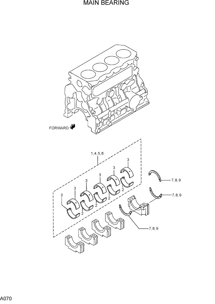 Схема запчастей Hyundai R75-7 - PAGE A070 MAIN BEARING ДВИГАТЕЛЬ БАЗА