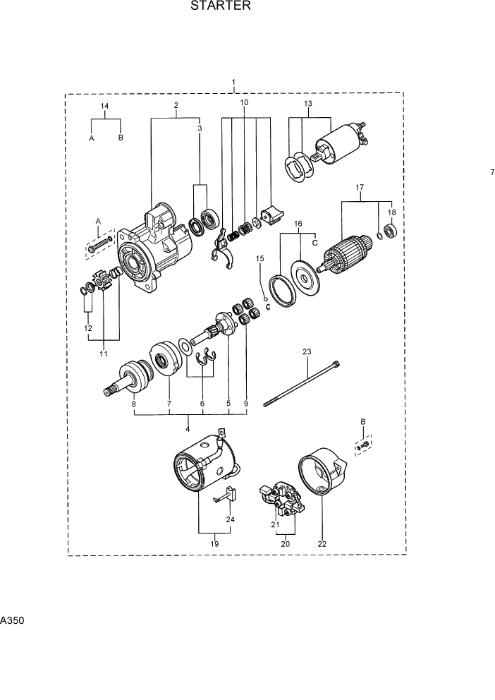 Схема запчастей Hyundai R75-7 - PAGE A350 STARTER ДВИГАТЕЛЬ БАЗА