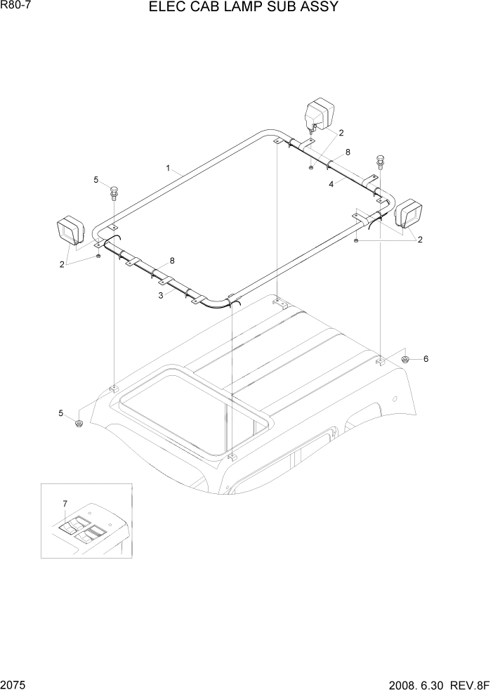 Схема запчастей Hyundai R80-7 - PAGE 2075 ELEC CAB LAMP SUB ASSY(OPTION) ЭЛЕКТРИЧЕСКАЯ СИСТЕМА