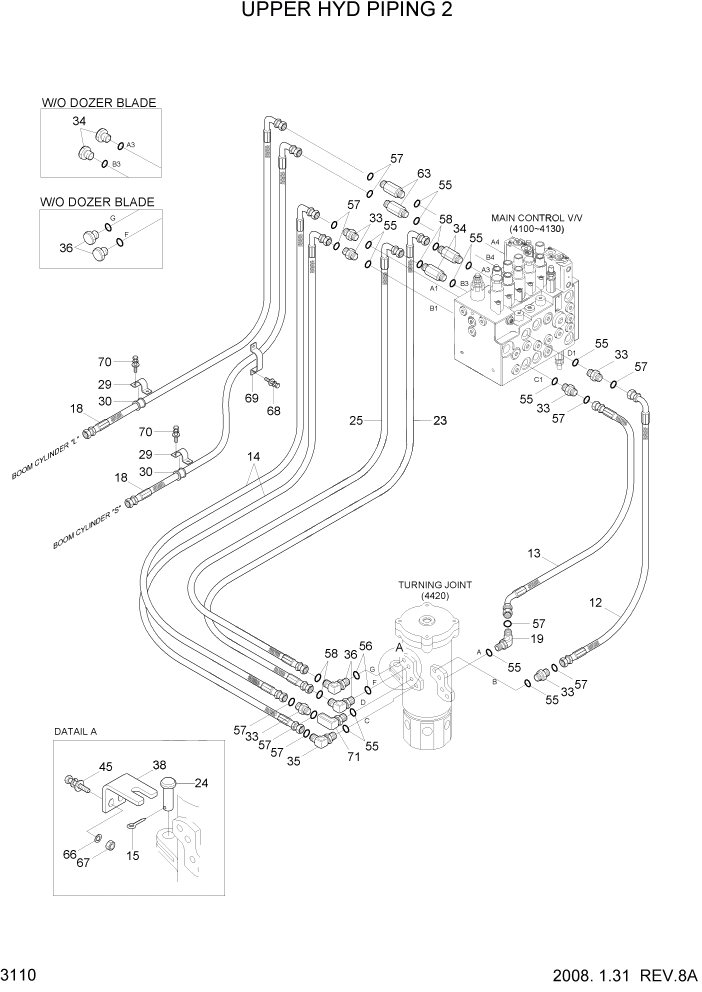 Схема запчастей Hyundai R80-7 - PAGE 3110 UPPER HYD PIPING 2 ГИДРАВЛИЧЕСКАЯ СИСТЕМА