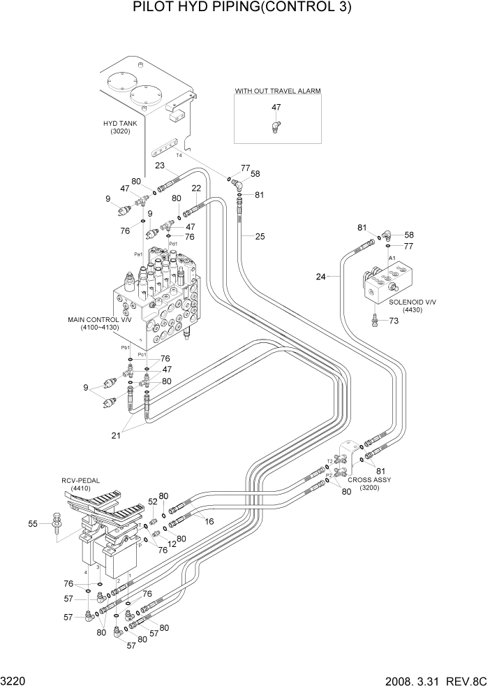 Схема запчастей Hyundai R80-7 - PAGE 3220 PILOT HYD PIPING(CONTROL 3) ГИДРАВЛИЧЕСКАЯ СИСТЕМА