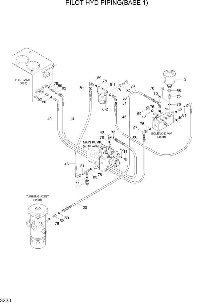 Схема запчастей Hyundai R80-7 - PAGE 3230 PILOT HYD PIPING(BASE 1) ГИДРАВЛИЧЕСКАЯ СИСТЕМА