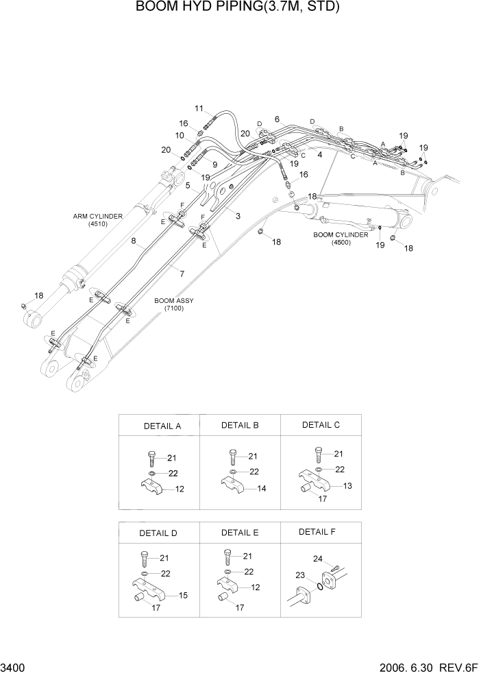 Схема запчастей Hyundai R80-7 - PAGE 3400 BOOM HYD PIPING(3.7M, STD) ГИДРАВЛИЧЕСКАЯ СИСТЕМА