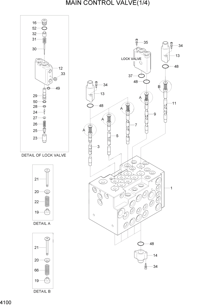 Схема запчастей Hyundai R80-7 - PAGE 4100 MAIN CONTROL VALVE(1/4) ГИДРАВЛИЧЕСКИЕ КОМПОНЕНТЫ