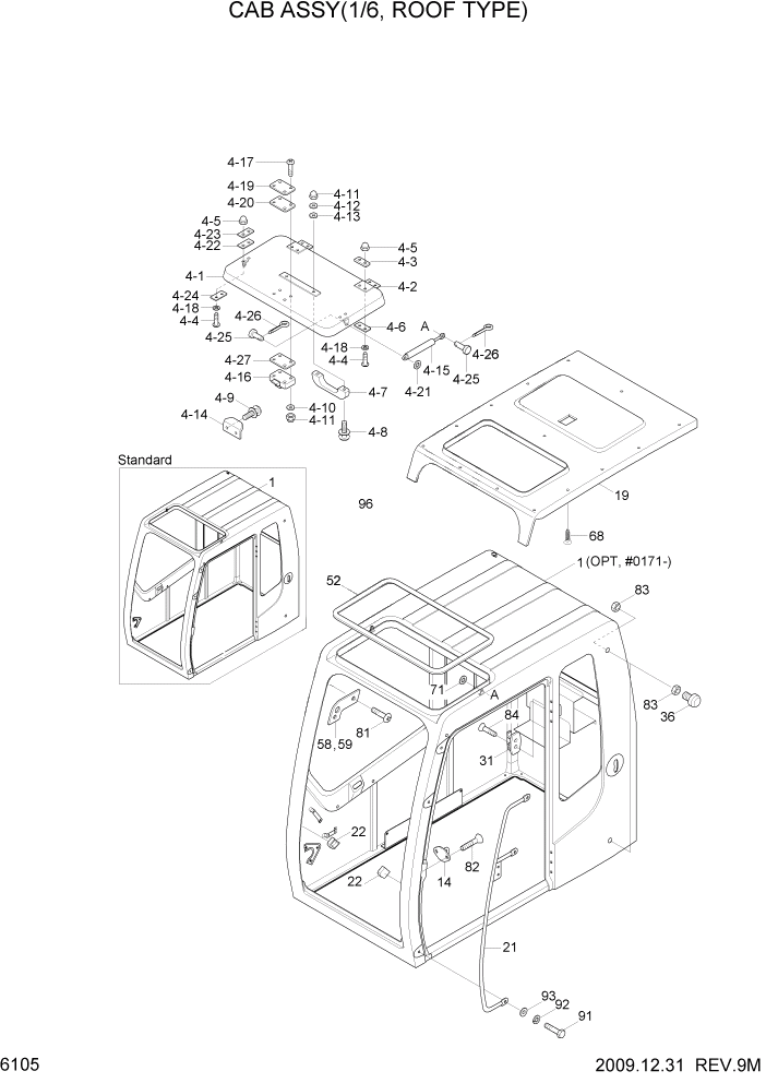 Схема запчастей Hyundai R80-7 - PAGE 6105 CAB ASSY(1/6, ROOF TYPE) СТРУКТУРА