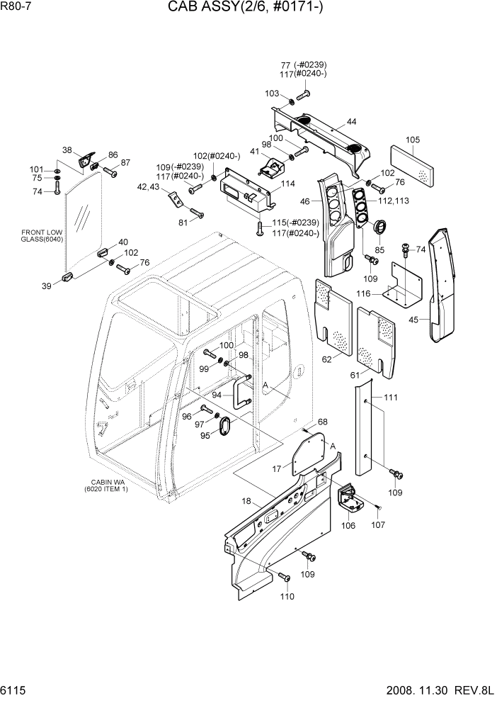 Схема запчастей Hyundai R80-7 - PAGE 6115 CAB ASSY(2/6, #0171-) СТРУКТУРА