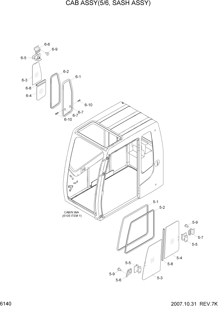 Схема запчастей Hyundai R80-7 - PAGE 6140 CAB ASSY(5/6, SASH ASSY) СТРУКТУРА