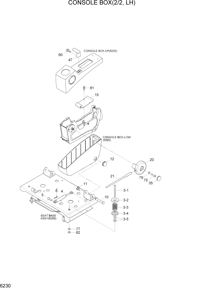 Схема запчастей Hyundai R80-7 - PAGE 6230 CONSOLE BOX(2/2, LH) СТРУКТУРА