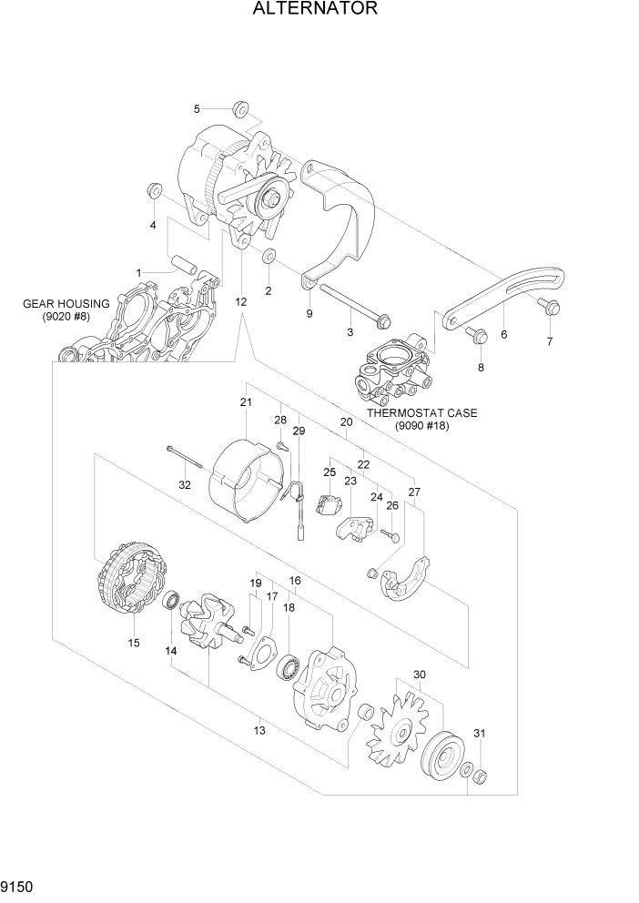 Схема запчастей Hyundai R80-7 - PAGE 9150 ALTERNATOR ДВИГАТЕЛЬ БАЗА