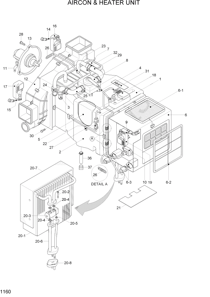 Схема запчастей Hyundai R80-7A - PAGE 1160 AIRCON & HEATER UNIT СИСТЕМА ДВИГАТЕЛЯ