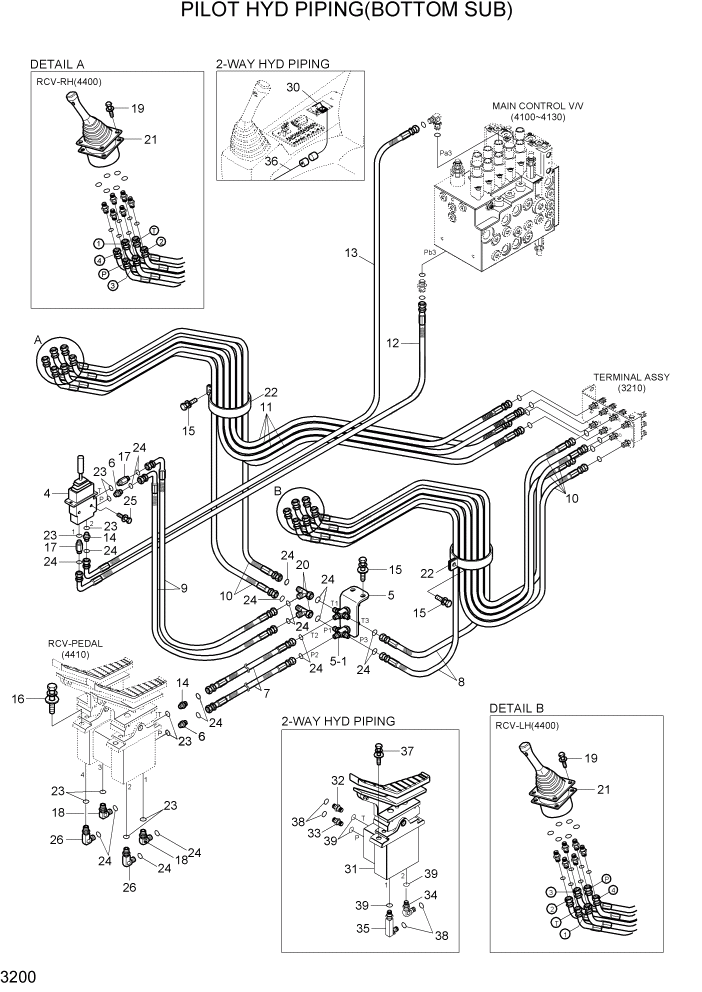 Схема запчастей Hyundai R80-7A - PAGE 3200 PILOT HYD PIPING(BOTTOM SUB) ГИДРАВЛИЧЕСКАЯ СИСТЕМА