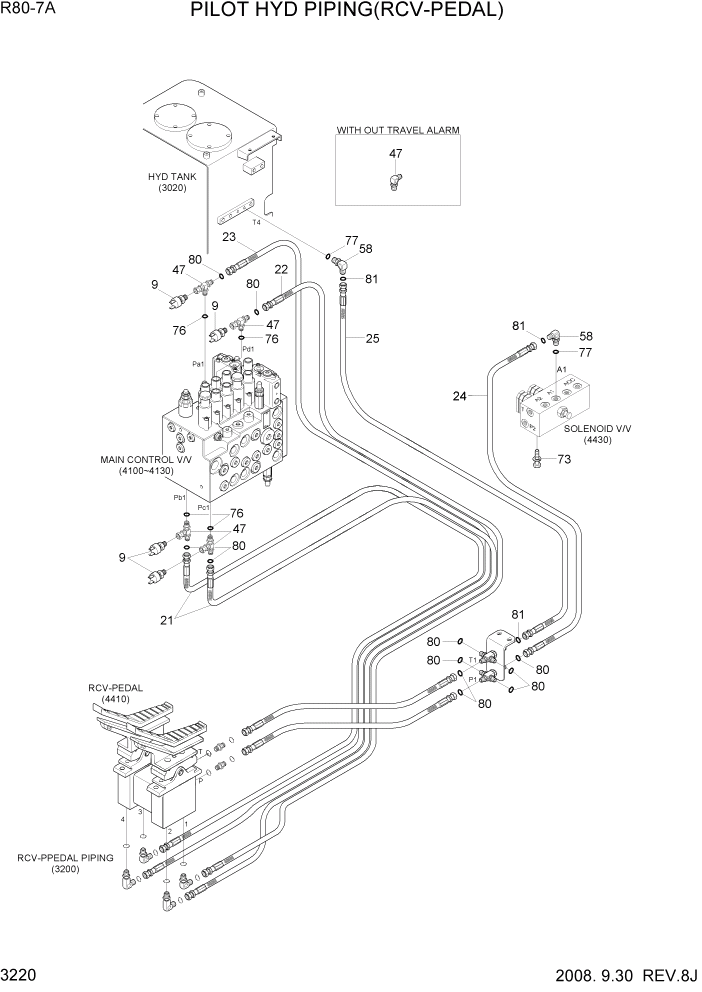 Схема запчастей Hyundai R80-7A - PAGE 3220 PILOT HYD PIPING(RCV-PEDAL) ГИДРАВЛИЧЕСКАЯ СИСТЕМА