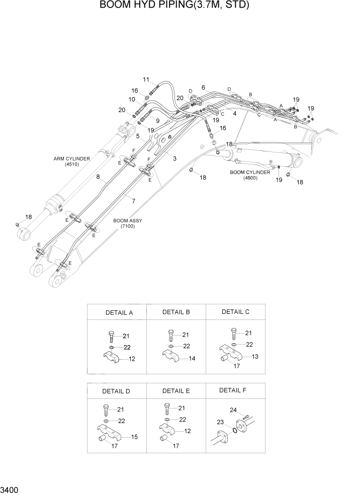 Схема запчастей Hyundai R80-7A - PAGE 3400 BOOM HYD PIPING(3.7M, STD) ГИДРАВЛИЧЕСКАЯ СИСТЕМА