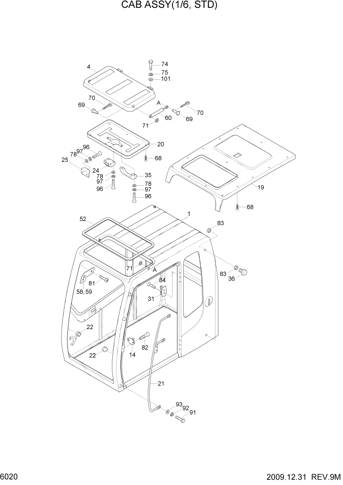 Схема запчастей Hyundai R80-7A - PAGE 6020 CAB ASSY(1/6, STD) СТРУКТУРА