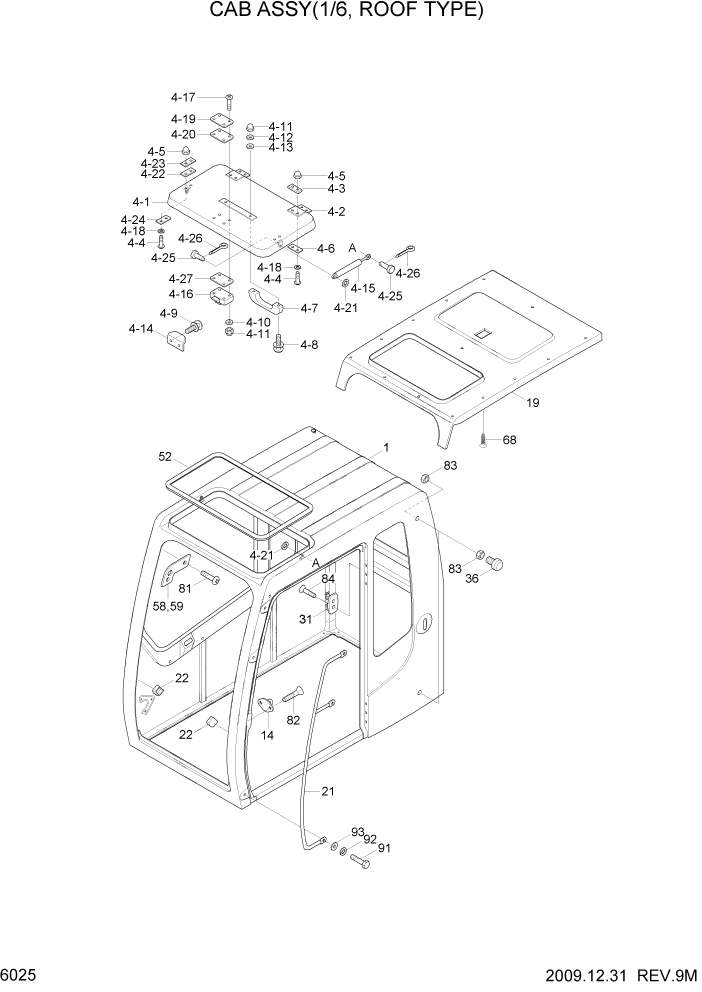 Схема запчастей Hyundai R80-7A - PAGE 6025 CAB ASSY(1/6, ROOF TYPE) СТРУКТУРА