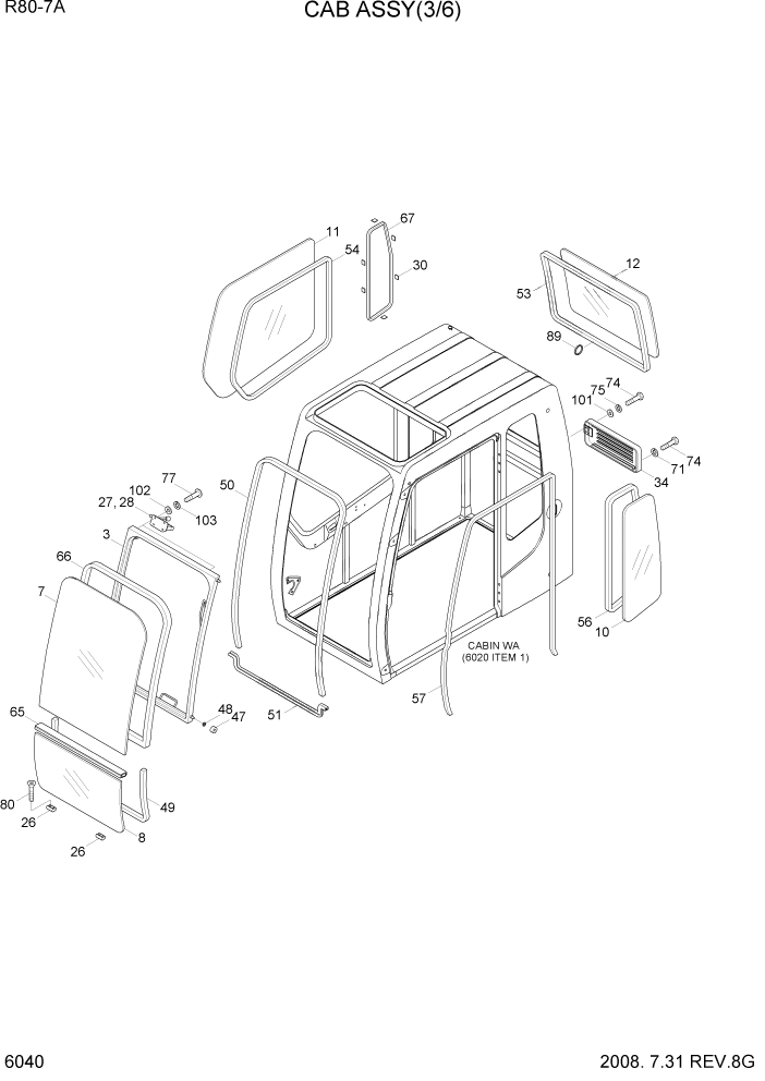 Схема запчастей Hyundai R80-7A - PAGE 6040 CAB ASSY(3/6) СТРУКТУРА