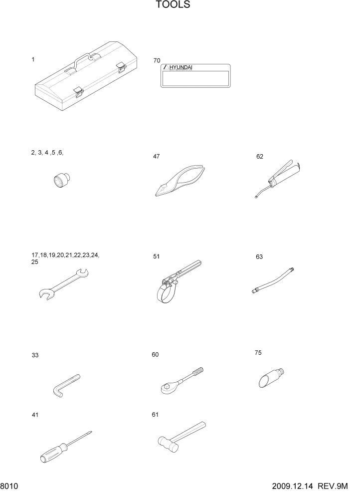 Схема запчастей Hyundai R80-7A - PAGE 8010 TOOLS ДРУГИЕ ЧАСТИ