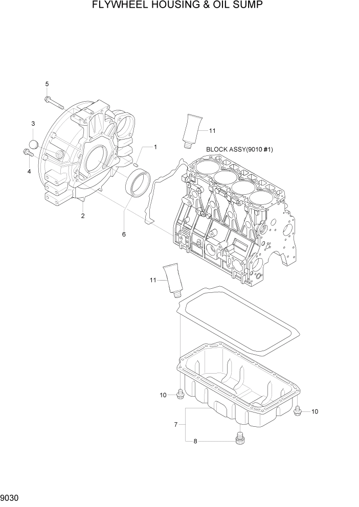 Схема запчастей Hyundai R80-7A - PAGE 9030 FLYWHEEL HOUSING & OIL SUMP ДВИГАТЕЛЬ БАЗА