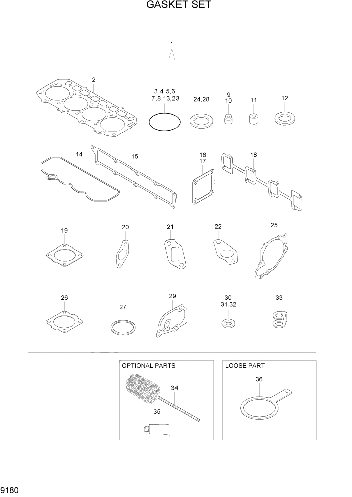 Схема запчастей Hyundai R80-7A - PAGE 9180 GASKET SET ДВИГАТЕЛЬ БАЗА