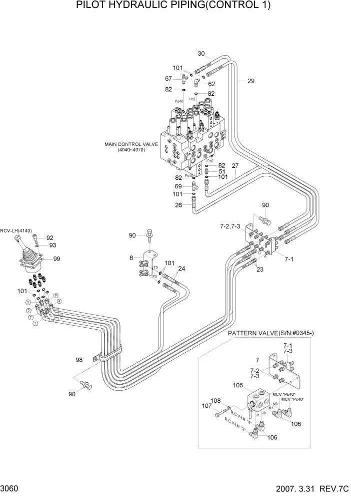 Схема запчастей Hyundai R110-7 - PAGE 3060 PILOT HYDRAULIC PIPING(CONTROL 1) ГИДРАВЛИЧЕСКАЯ СИСТЕМА