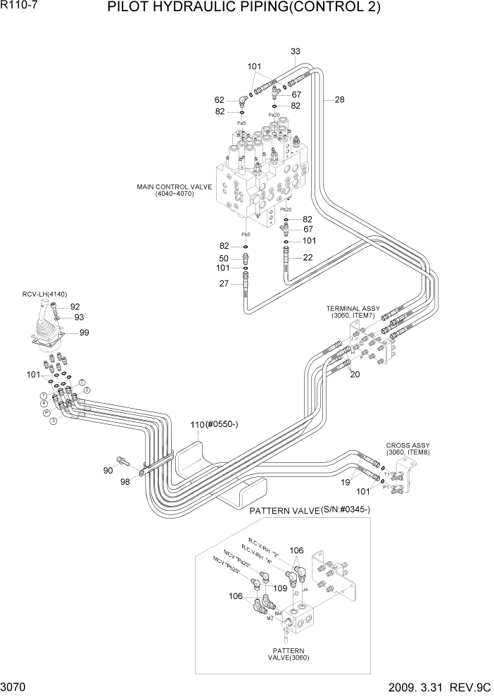 Схема запчастей Hyundai R110-7 - PAGE 3070 PILOT HYDRAULIC PIPING(CONTROL 2) ГИДРАВЛИЧЕСКАЯ СИСТЕМА