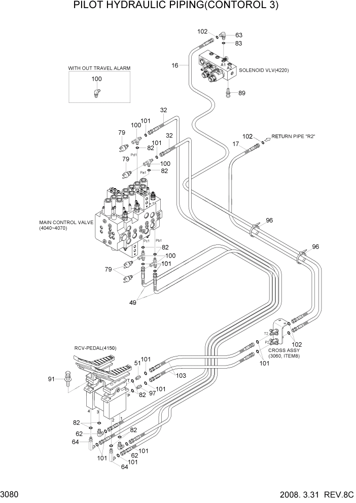 Схема запчастей Hyundai R110-7 - PAGE 3080 PILOT HYDRAULIC PIPING(CONTROL 3) ГИДРАВЛИЧЕСКАЯ СИСТЕМА