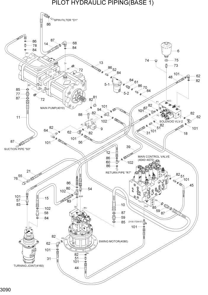 Схема запчастей Hyundai R110-7 - PAGE 3090 PILOT HYDRAULIC PIPING(BASE 1) ГИДРАВЛИЧЕСКАЯ СИСТЕМА