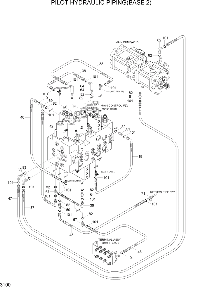 Схема запчастей Hyundai R110-7 - PAGE 3100 PILOT HYDRAULIC PIPING(BASE 2) ГИДРАВЛИЧЕСКАЯ СИСТЕМА