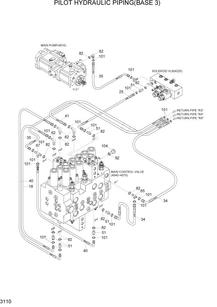 Схема запчастей Hyundai R110-7 - PAGE 3110 PILOT HYDRAULIC PIPING(BASE 3) ГИДРАВЛИЧЕСКАЯ СИСТЕМА