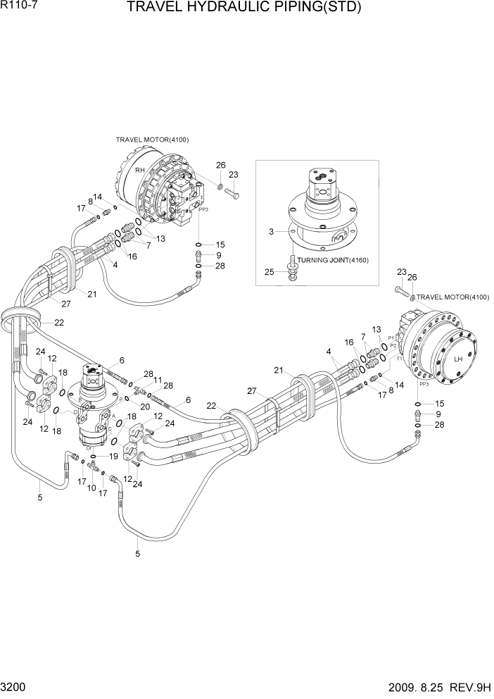 Схема запчастей Hyundai R110-7 - PAGE 3200 TRAVEL HYDRAULIC PIPING(STD) ГИДРАВЛИЧЕСКАЯ СИСТЕМА