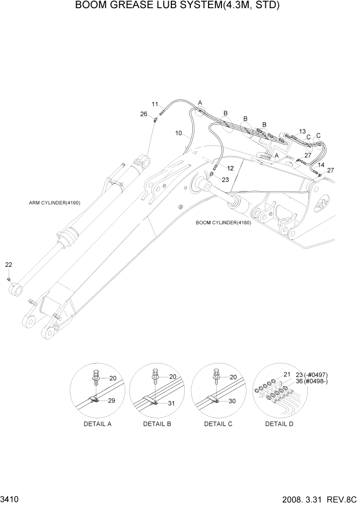 Схема запчастей Hyundai R110-7 - PAGE 3410 BOOM GREASE LUB SYSTEM(4.3M, STD) ГИДРАВЛИЧЕСКАЯ СИСТЕМА