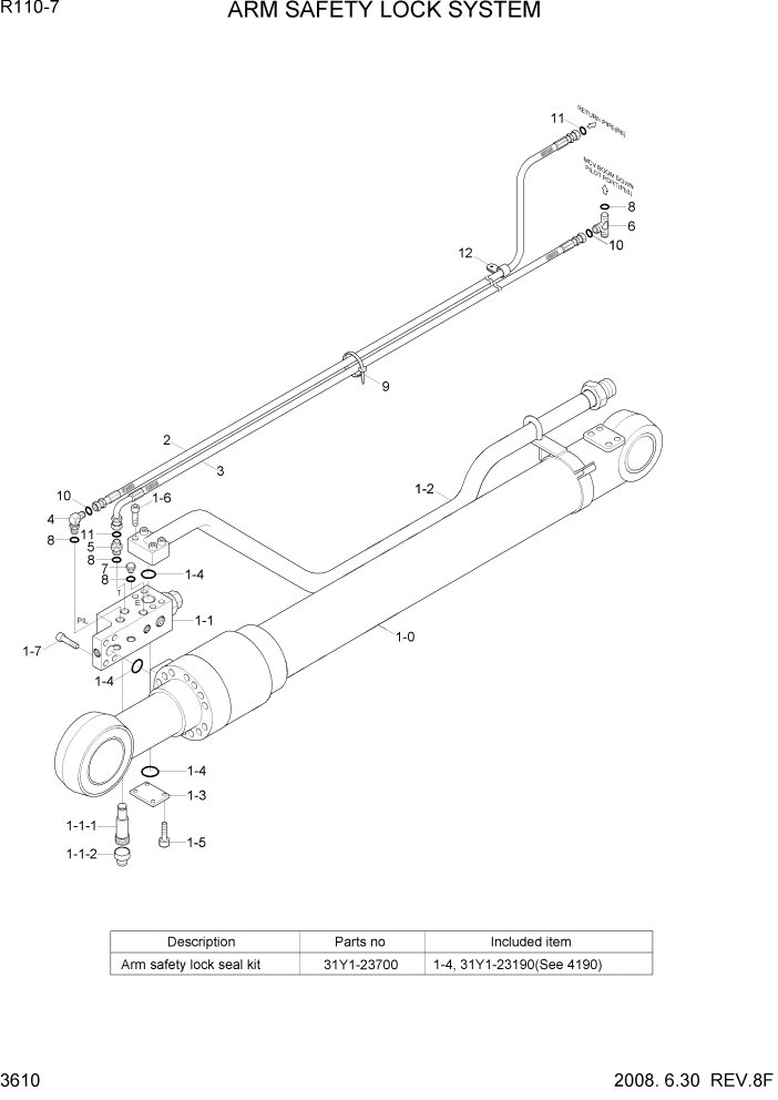 Схема запчастей Hyundai R110-7 - PAGE 3610 ARM SAFETY LOCK SYSTEM ГИДРАВЛИЧЕСКАЯ СИСТЕМА