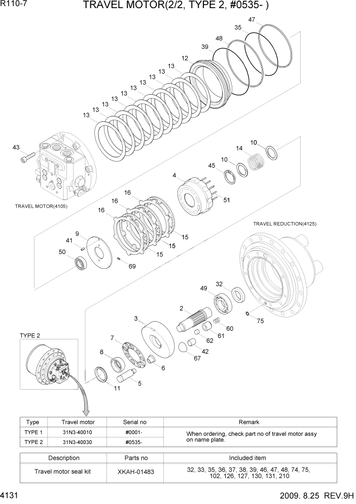 Схема запчастей Hyundai R110-7 - PAGE 4131 TRAVEL MOTOR(2/2, TYPE 2, #0535-) ГИДРАВЛИЧЕСКИЕ КОМПОНЕНТЫ