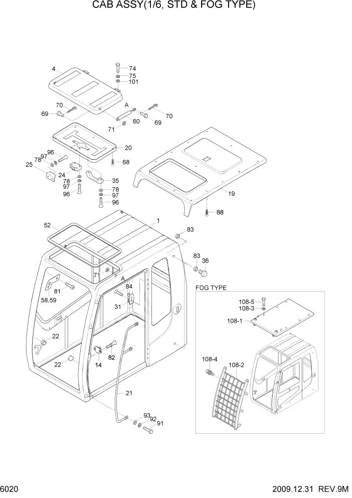 Схема запчастей Hyundai R110-7 - PAGE 6020 CAB ASSY(1/6, STD & FOG TYPE) СТРУКТУРА