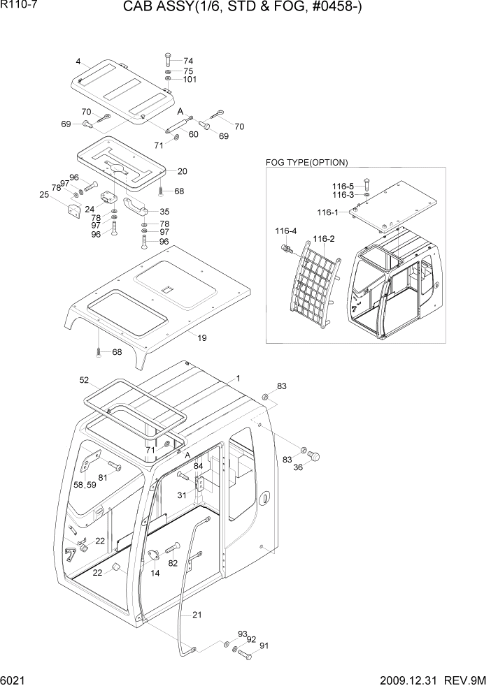 Схема запчастей Hyundai R110-7 - PAGE 6021 CAB ASSY(1/6, STD & FOG, #0458-) СТРУКТУРА