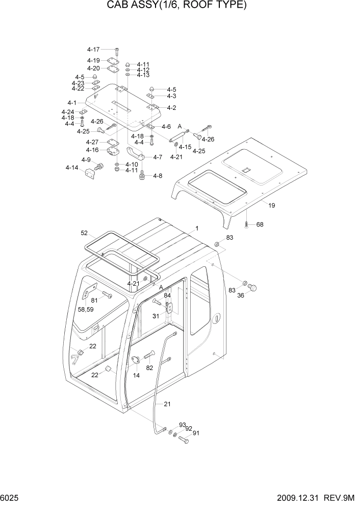 Схема запчастей Hyundai R110-7 - PAGE 6025 CAB ASSY(1/6, ROOF TYPE) СТРУКТУРА