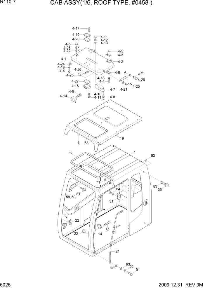 Схема запчастей Hyundai R110-7 - PAGE 6026 CAB ASSY(1/6, ROOF TYPE, #0458-) СТРУКТУРА