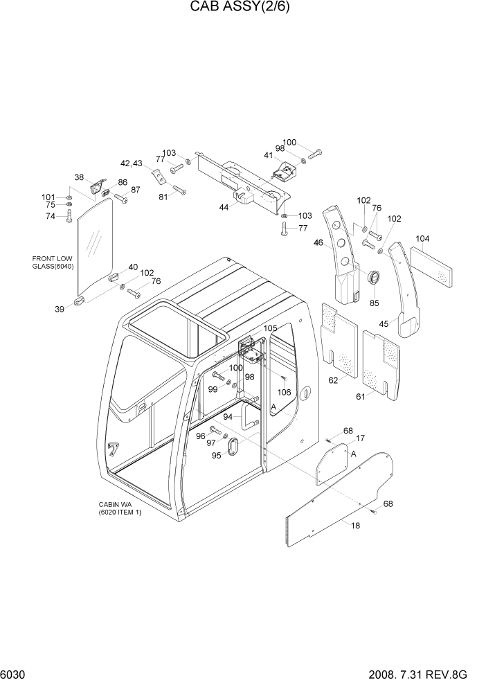 Схема запчастей Hyundai R110-7 - PAGE 6030 CAB ASSY(2/6) СТРУКТУРА