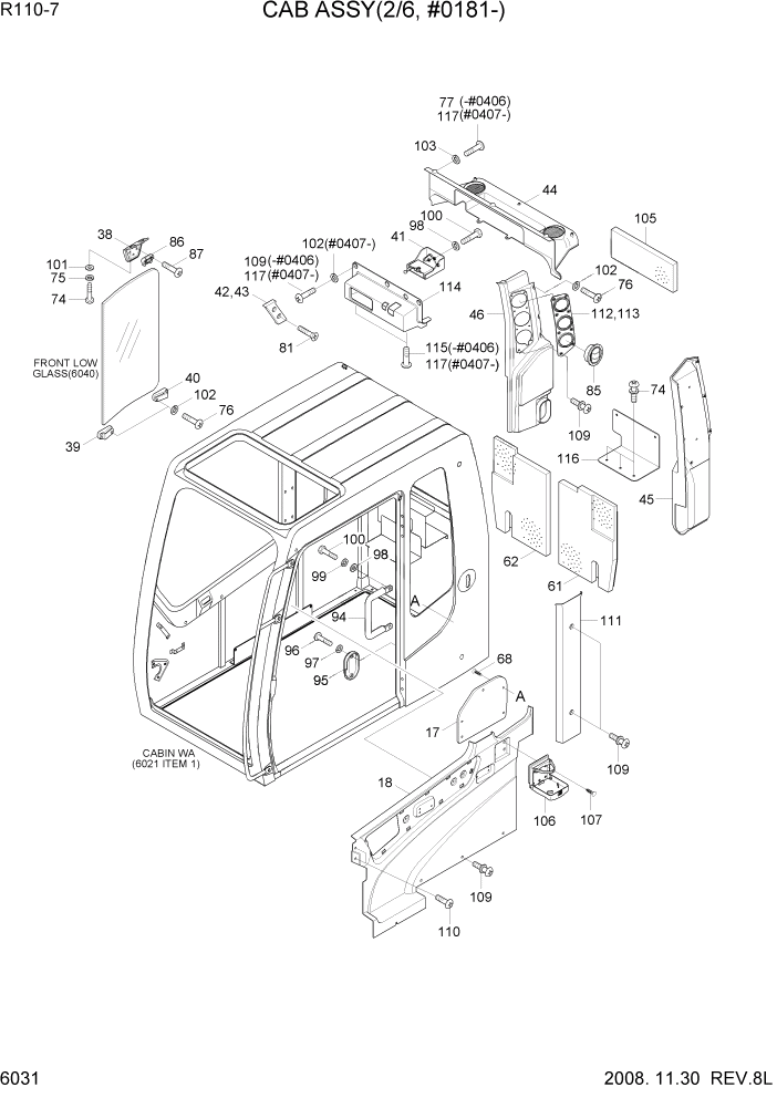 Схема запчастей Hyundai R110-7 - PAGE 6031 CAB ASSY(2/6, #0485-) СТРУКТУРА