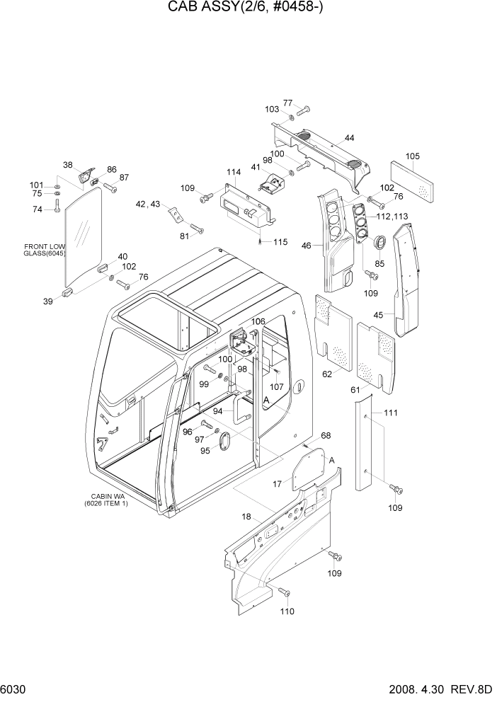 Схема запчастей Hyundai R110-7 - PAGE 6035 CAB ASSY(2/6, #0458-) СТРУКТУРА