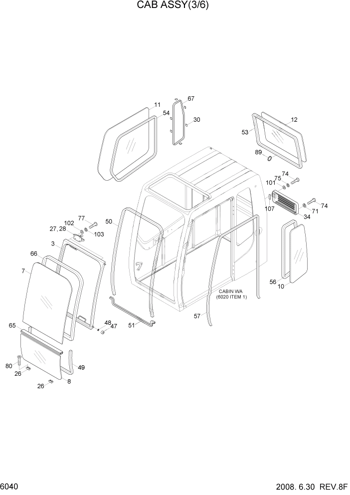 Схема запчастей Hyundai R110-7 - PAGE 6040 CAB ASSY(3/6) СТРУКТУРА