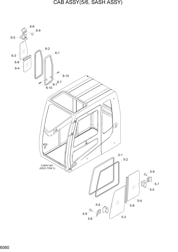 Схема запчастей Hyundai R110-7 - PAGE 6060 CAB ASSY(5/6, SASH ASSY) СТРУКТУРА